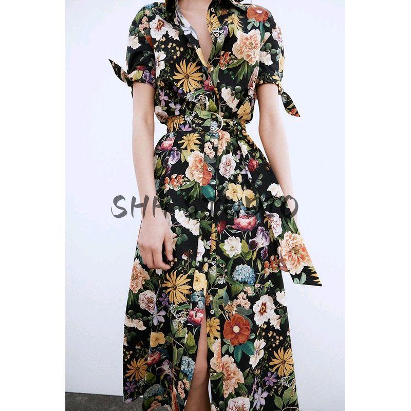 Spring and Summer French Elegance Long Bowknot Decoration Flowers Print Poplin Midi Skirt Dress 2944216