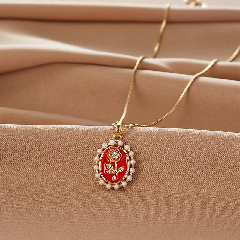 Xiulu Oval Rose Necklace Women'S Retro Trend Personality Versatile Small Pearl Pendant Jewelry