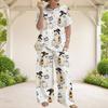 Women Plus Size Halloween Dog Printed Round Neck Short Sleeve Top Wide Leg Pants Two Piece Set
