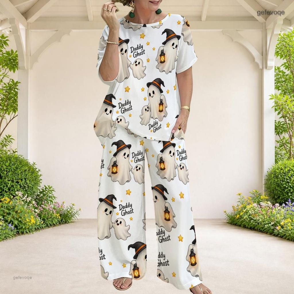Women Plus Size Halloween Dog Printed Round Neck Short Sleeve Top Wide Leg Pants Two Piece Set