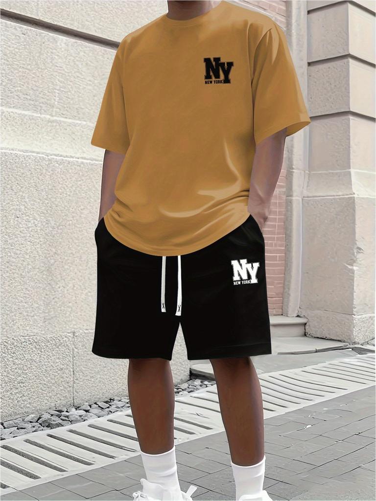 Summer T-Shirt Men's Running Athletic Outfit Two-Piece Set Crew Neck Short Sleeve Top & Shorts Men's Plus Size T-Shirt