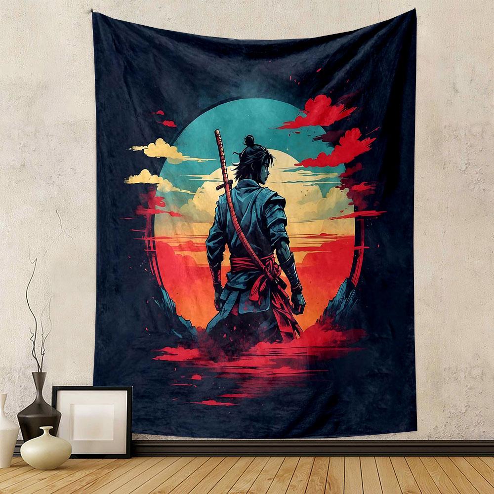 Samurai Warrior at Sunset Patterned Tapestry Decorative Wall Hanging, Home Bedroom Living Room Decor