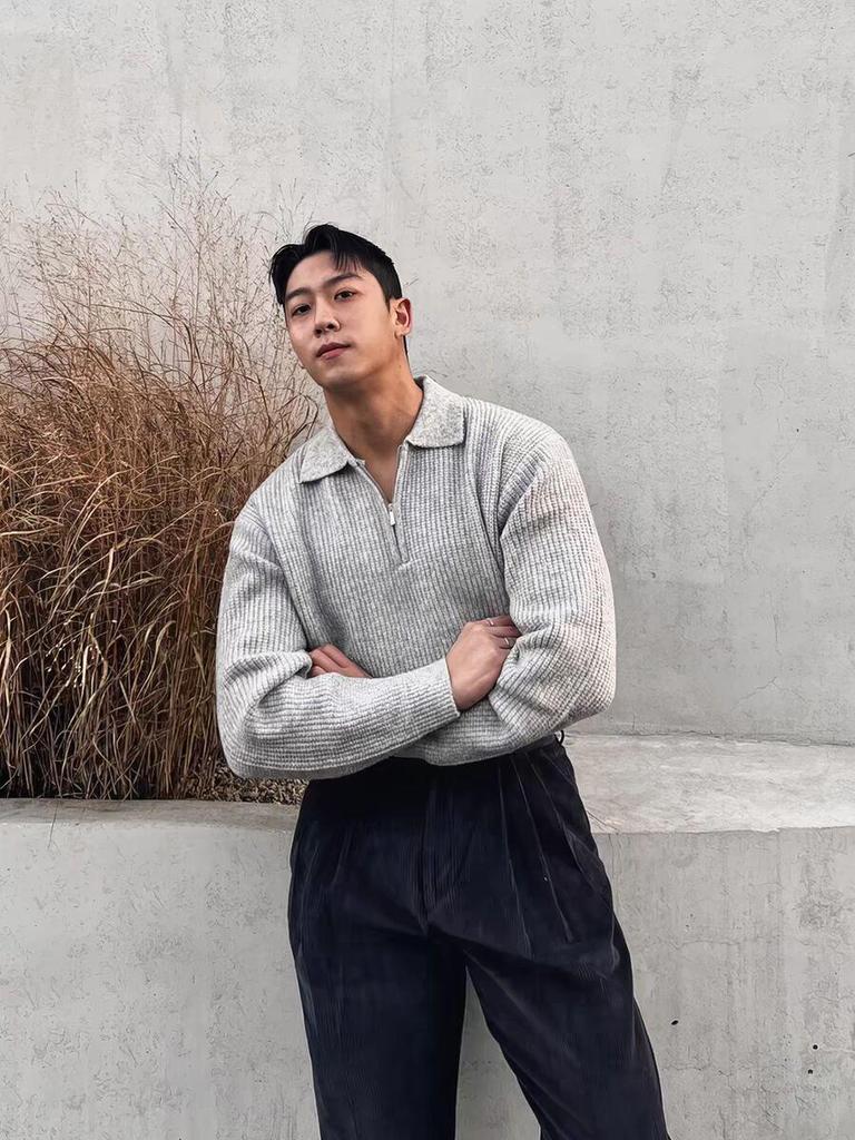 Maglia Polo da Uomo in Maglia con Mezza Zip Stile Europeo - Vestibilità Slim Manica Lunga Casual in Lana Top da Lavoro