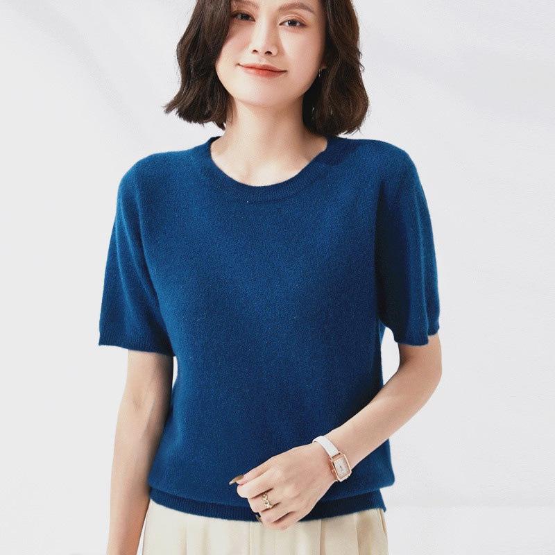 Women's Knitted Short Sleeve Spring/Summer Pullover Sweater - Round Neck, Lightweight, Half Sleeve.