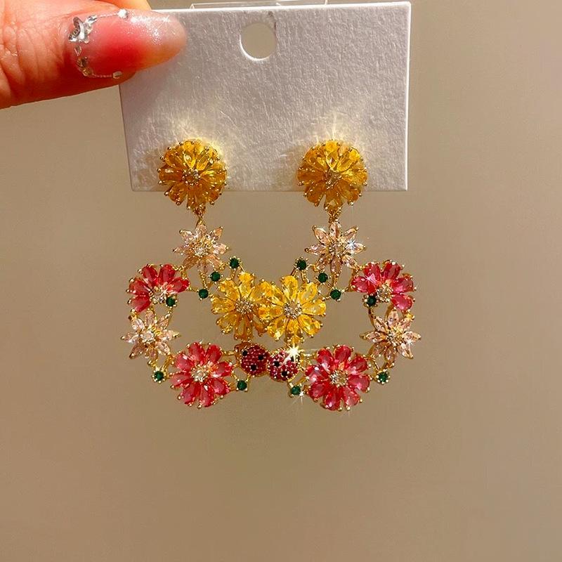 Retro Colorful Rhinestone Flower Tassel Stud Earrings - Elegant, Fresh, Sweet, and Delicate Ear Jewelry