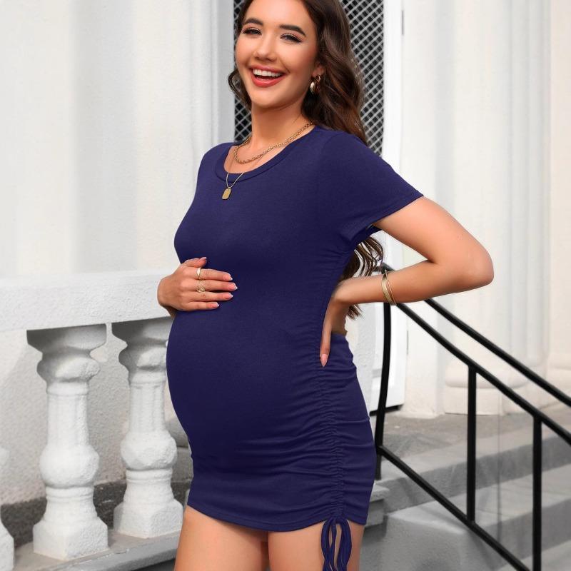 Kadın Hamile Elbisesi Yumuşak Esnek İlkbahar/yaz Kısa Kollu V Yaka Yan Büzgülü Dar Kesim Elbise