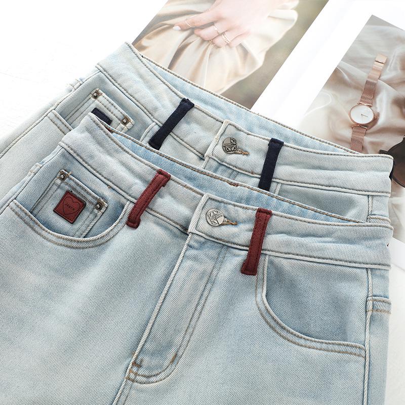 Women's Light Blue Fleece-Lined Jeans, Autumn/Winter 2024, Convertible Narrow/Wide-Leg, Retro Loose, High-Waisted, Straight-Leg Pants