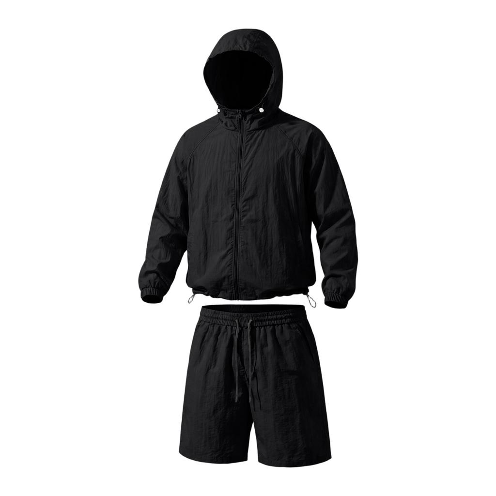 Men's Quick Dry Hooded Sun Shirt and Shorts Set Lightweight Athletic Two Piece Sportswear