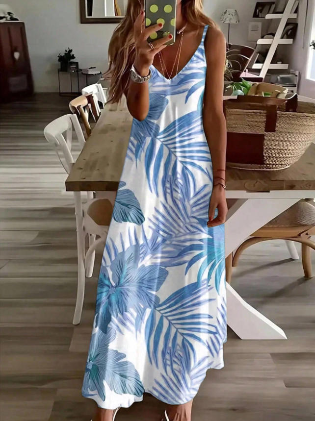 Europe, America, summer V-neck suspender loose seaside vacation dress S синий
