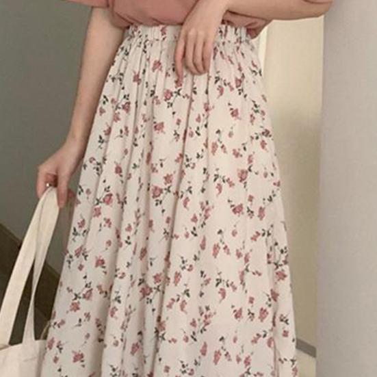 Fusta maxi pentru femei, cu talie elastica, cu talie mijlocie, cu imprimeu floral, cu linie A, fusta de vara, in stil padure.