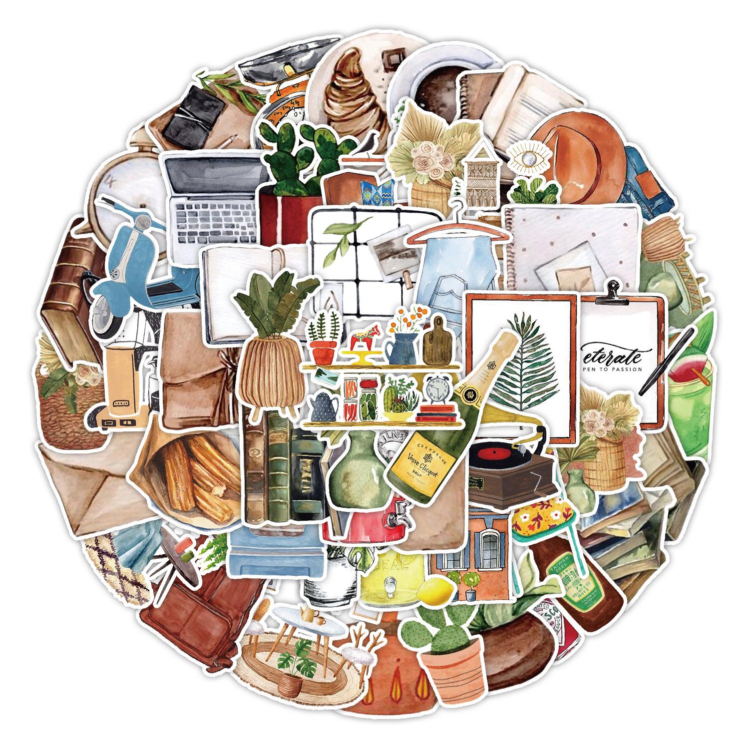 

50 Watercolor Retro Small Objects Graffiti Stickers Computer Water Cup Refrigerator Decoration Stickers Waterproof Creative Stationery Stickers