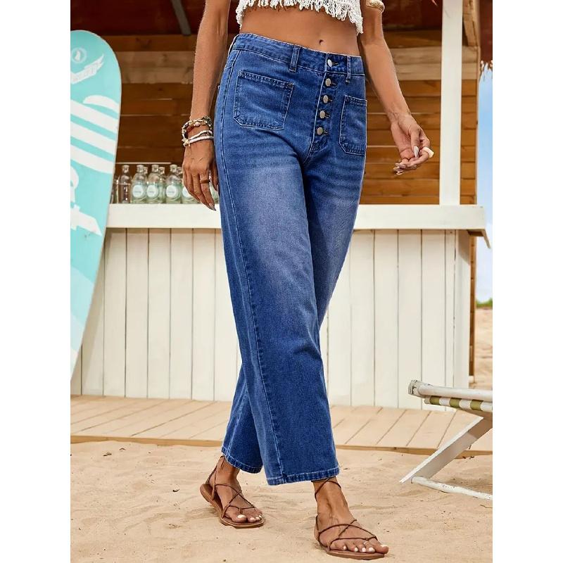 2026 New Women's Jeans Buttoned Elastic Loose Denim Casual Cropped Pants