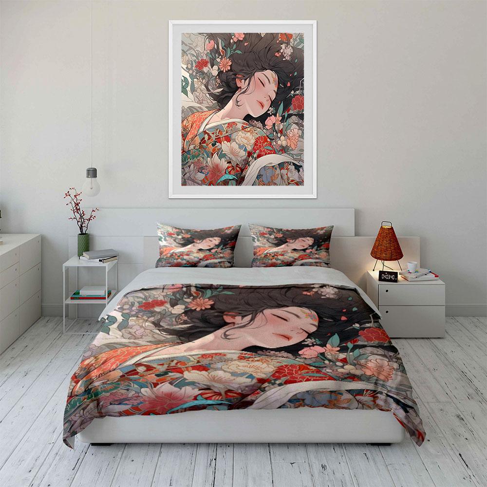 Japanese Floral Kimono Girl Bedding Set 3pcsVintage Cherry Peony Flower Sleeping Lady Print Duvet CoverBeautiful Bedroom Decor
