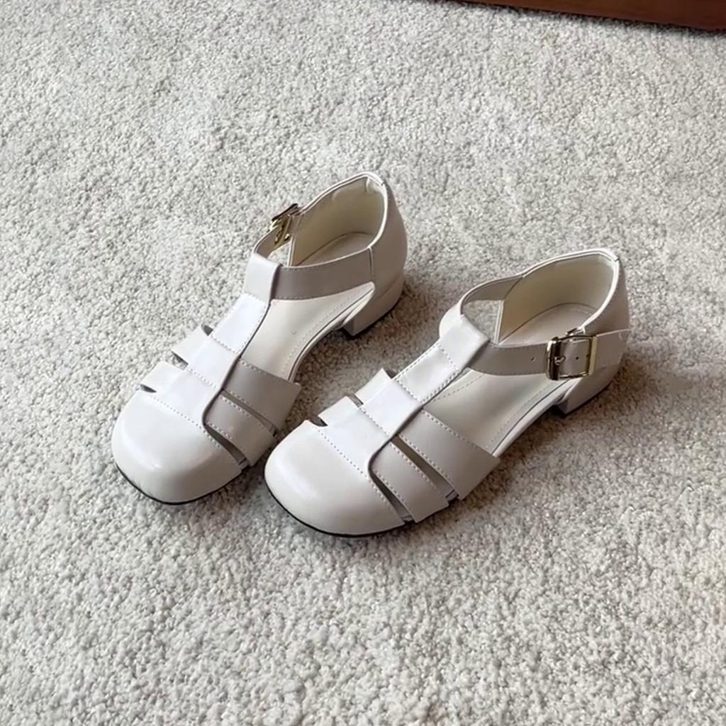 Schafsleder-Version~ Französische Retro-Webart, hohler runder Kopf, römische Sandalen, Damen, vielseitig, mit einem Knopf, niedriger Absatz, Taschenkopf-Sandalen