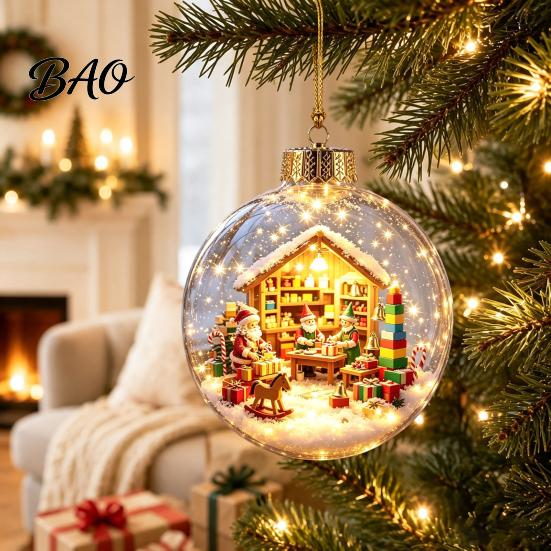 LED Christmas Indoor Decor Lighted Ornaments, 3D Miniature Scene Hanging Balls with Warm Light, Cute Party Supplies Reindeer Penguin Bear Clear