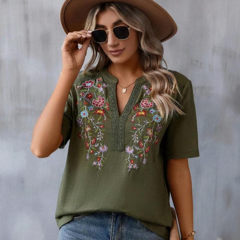 

Летняя мода вышитая лоскутная блузка женская с коротким рукавом плюс размер кружевная повседневная рубашка женская с V-образным вырезом элегантные свободные офисные женские топы 24559 XXL армия зеленый