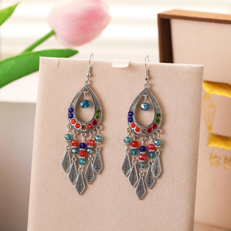 

Ethnic Colorful Rhinestone Crystal Tassel Earrings For Women Vintage Niche Water Drop Shaped Earrings Vacation Daily Jewelry