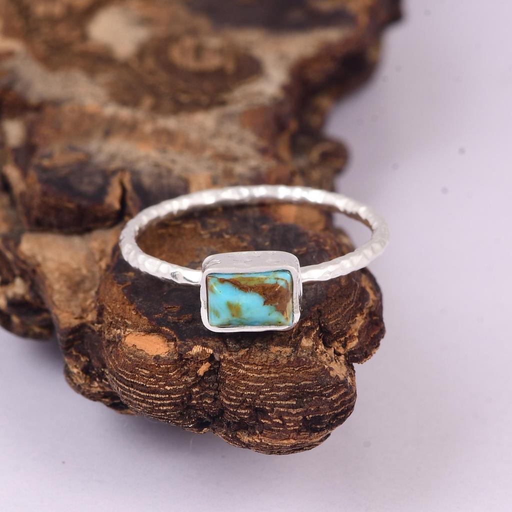 Natural Kingman Turquoise Ring, 925 Sterling Silver Texture Band Jewelry for Women, Special Gift for Her, Love, Crush and Girlfriends.