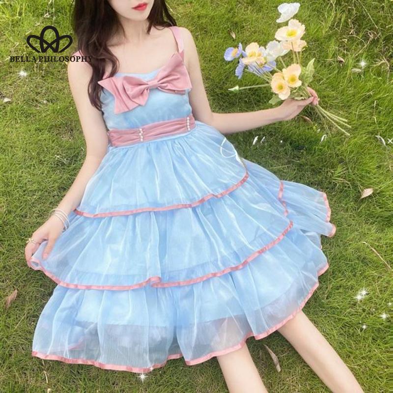 Lolita Guardian Sweetheart Bow Cake Dress Słodka JK Pończoch Drukuj Siatka Bufiasta sukienka księżniczki Kobieta