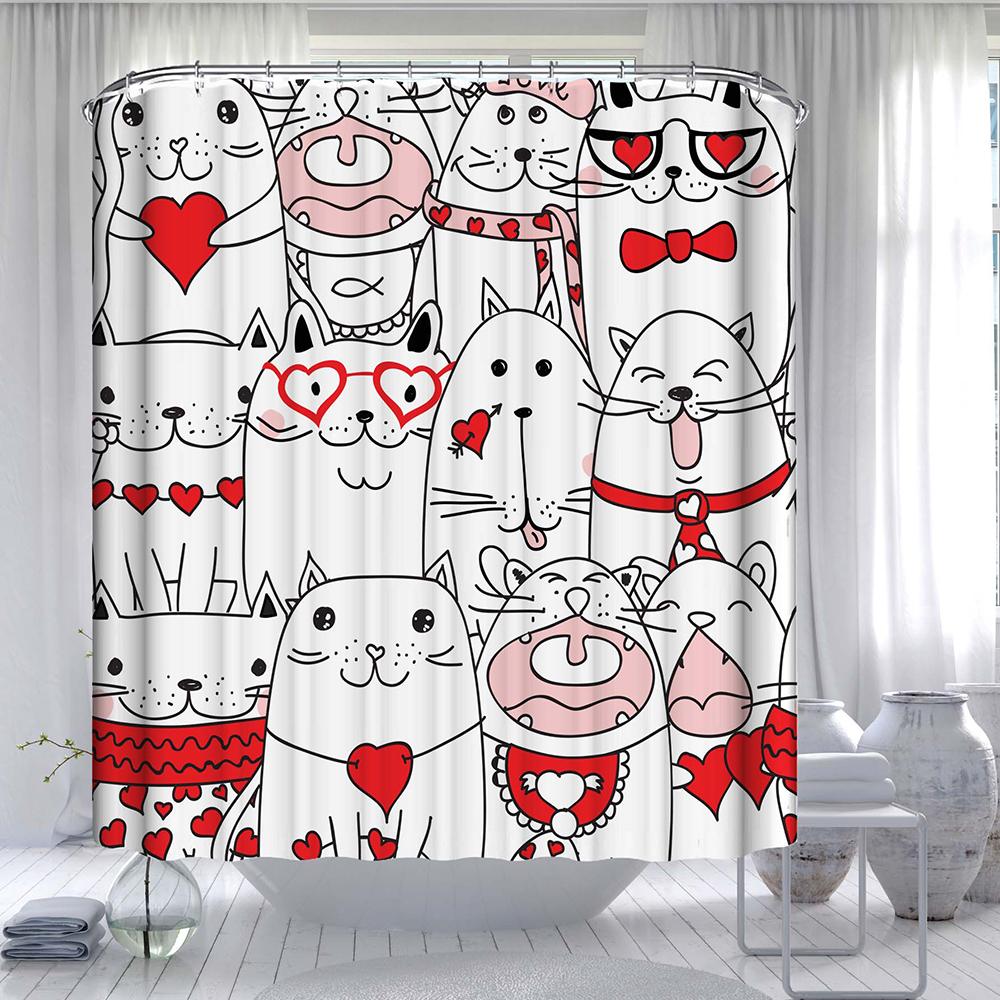 Cute Cat Animal Waterproof Polyester Shower Curtain With Hooks For Bathtub Bathroom Screens Home Decor Large Size Wall Cloth
