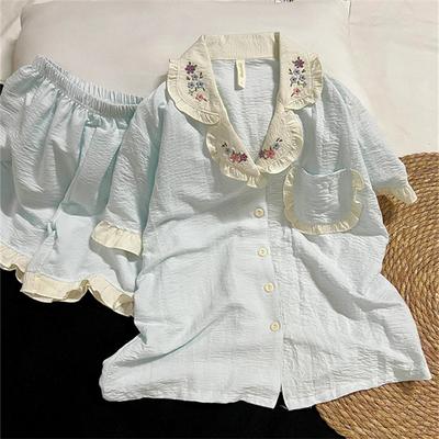 Summer Can Go Out Solid Color Simple Style Pajamas Women's Short-sleeved Shorts Lace Two-piece Set Korean Girl Loungewear