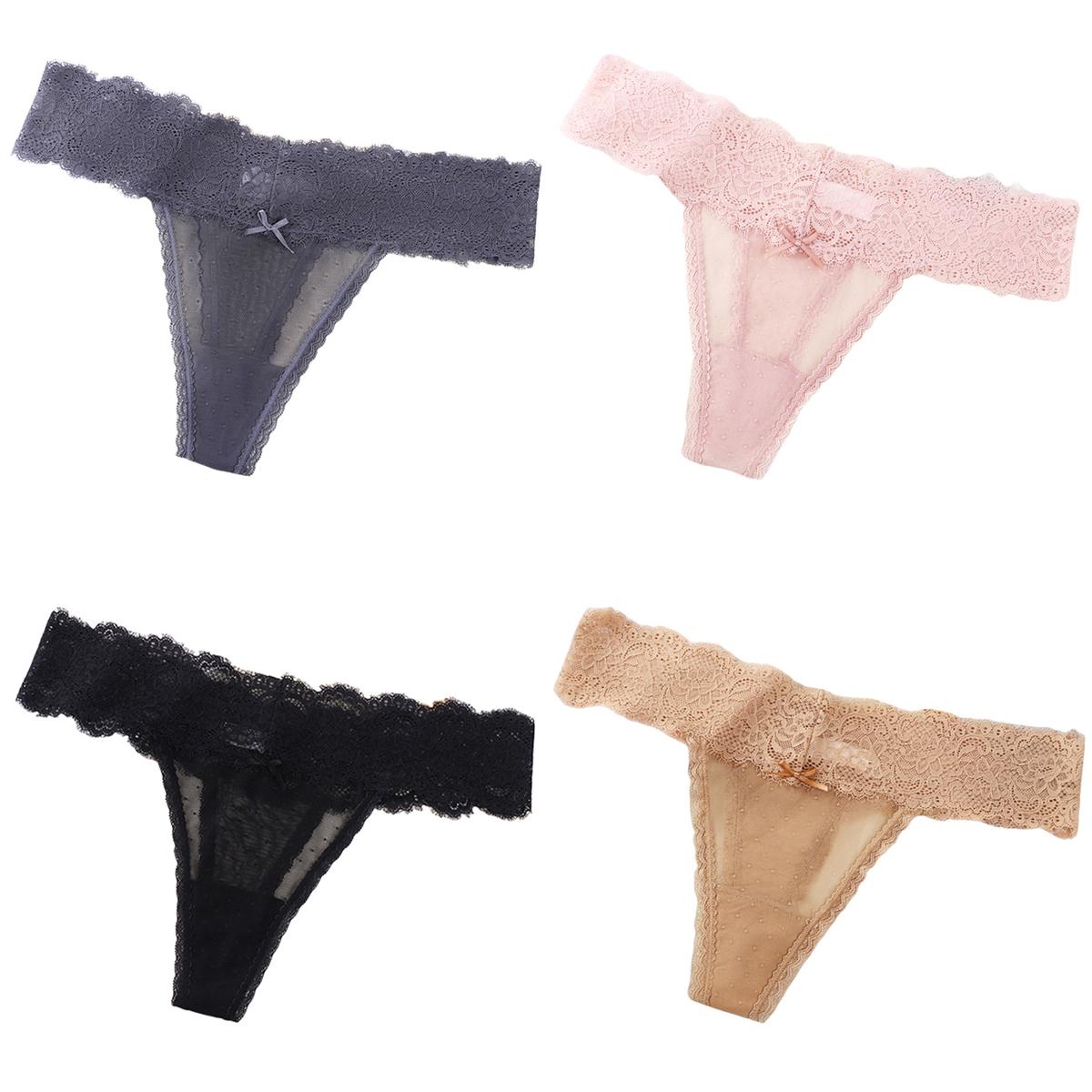 4 шт. Женское кружевное стринги-трусы, Т-образная спинка, трусики с низкой талией, дышащий комфорт, хлопковые бесшовные кружевные стринги для женщин S