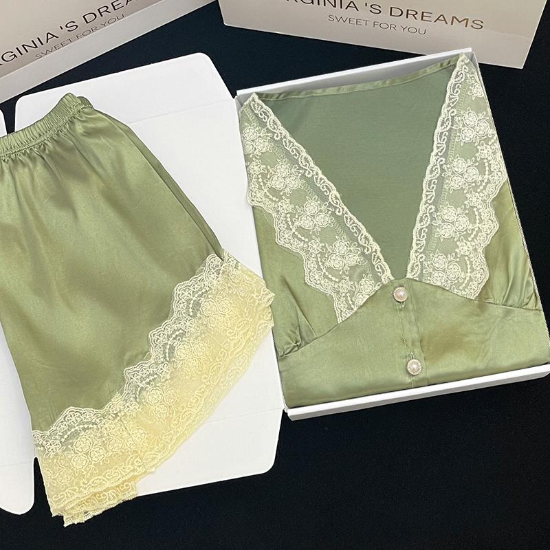 

Кружево Бусины Пуговица Элегантный Классический Женский Пижамный Комплект Короткий Рукав Шорты Рукава-пузыри Домашняя одежда Летний Повседневный M зелёный