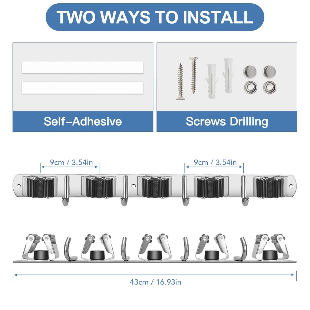 Mop and Broom Holder Wall Mount 304 Stainless Steel 5 Slots 4 Hooks Broom Hanger for Garage Laundry Room Closet Wall