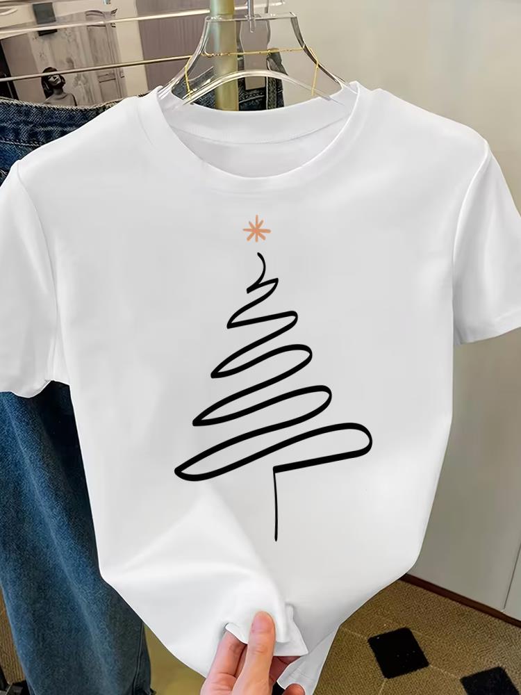 (Asian Size) Sweet Cute Merry Christmas Short Sleeve T-shirts Women's Top O-neck T Shirt Print Fashion Casual New Year Clothing Graphic Tee