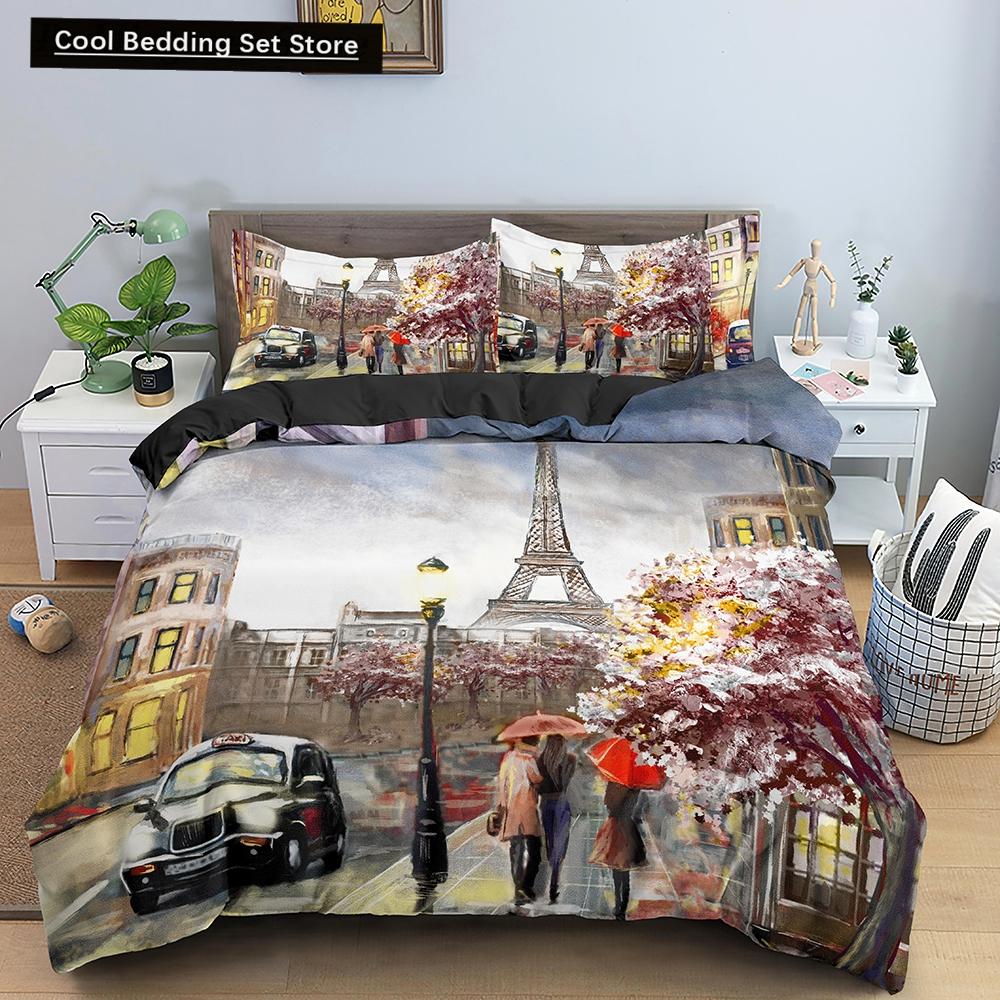 Paris Eiffel Tower King Queen Duvet Cover World Famous Romantic Attractions Bedding Set Women Girls 2/3Pcs Polyester Quilt Cover