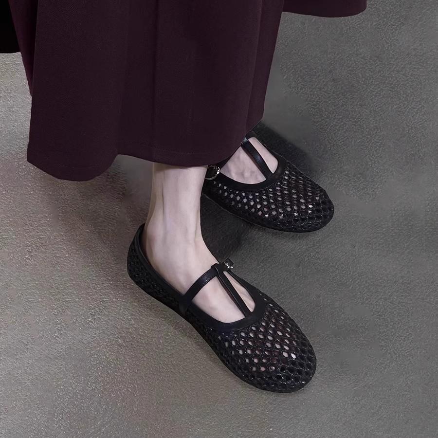 Sheepskin Version~ Hollow and Breathable Outer Wear Summer Mary Jane Sandals Women's One-word Small Single Shoes with Round Head, Shallow Mouth and