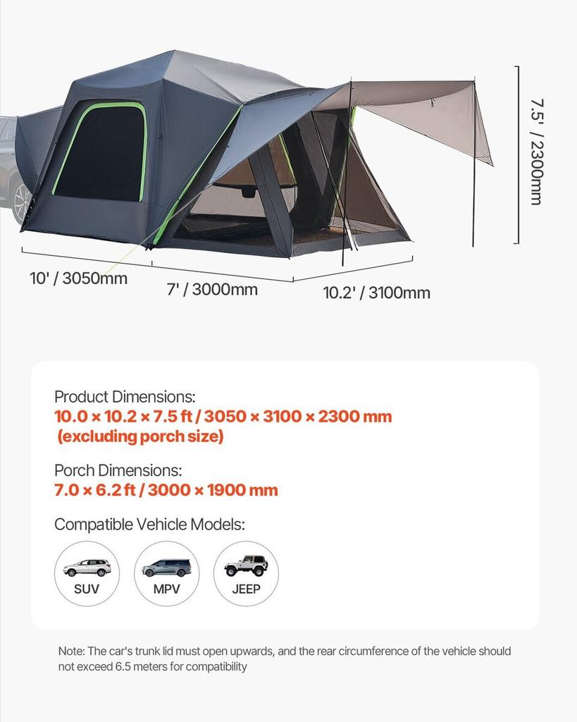SUV Camping Tent Outdoor SUV Tent with Awning Waterproof for 5-8 Person