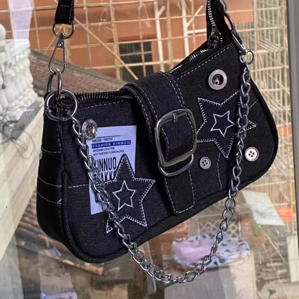 Y2k Fashi Women's Handbags Stars Pattern Cool Girls Underarm Bag Vintage Canvas Female Small Shoulder Bags Chain Tote Purses