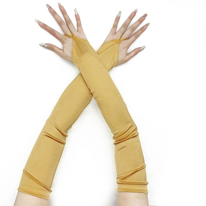 Gants longs sans doigts en satin à crochet pour femme Robe de mariée de mariée Fête de performance Style rétro Accessoires d'étiquette d'opéra One Size beige