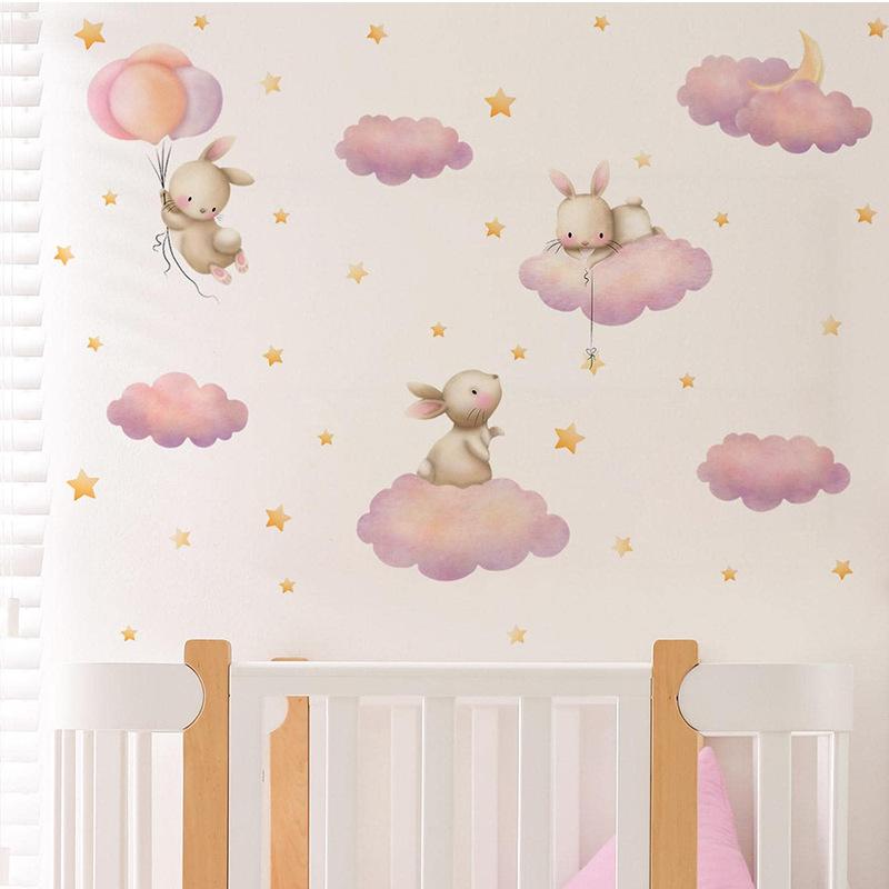 Kawaii Cartoon Pink Clouds Stars Watercolor Children Stickers Vinyl Nursery Wall Decals Kids Girls Baby Room Home Decor