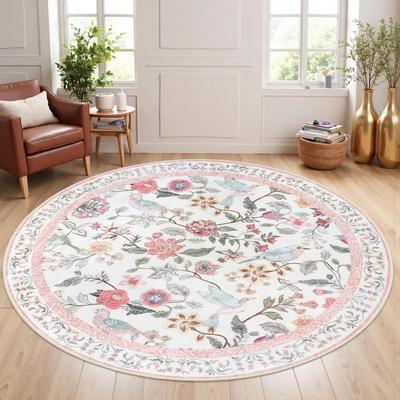 Runder Blume und Vogel Teppich Rosa Blumenmuster Teppich Blumendruck Bodenmatte Sofa Wohnzimmer Couchtisch Fußmatte