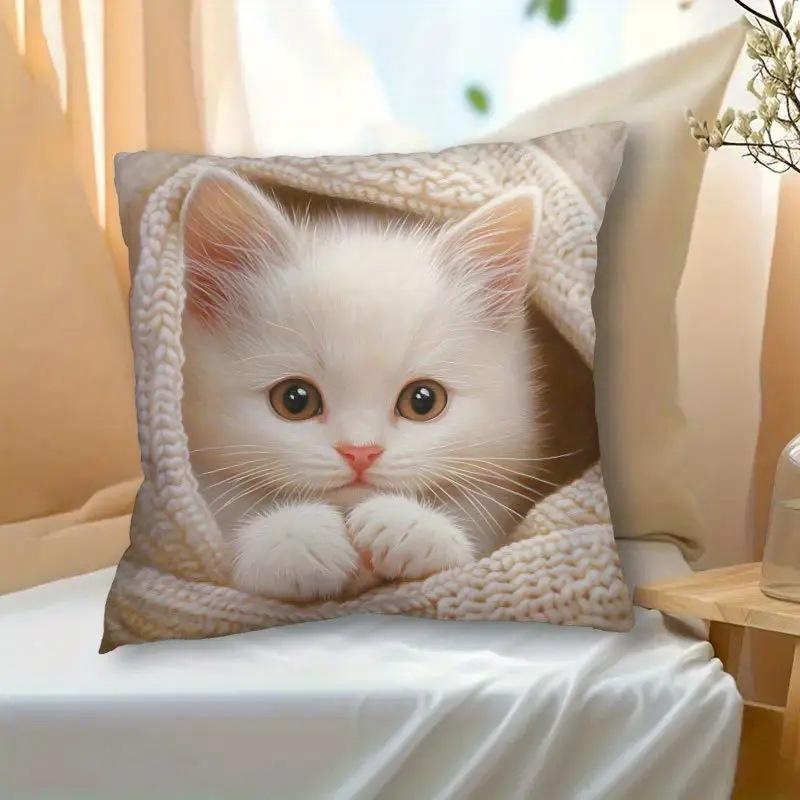 Vibrant Bohemian Style Short Plush Pillow Cover 45x45cm Charming Kitten Living Room Bedroom Decor (Pillow Insert Not Included)