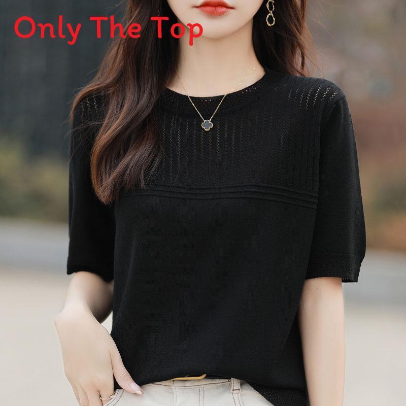 Ice Silk Short Sleeve T Shirt With Knitted Hollow Design For Summer Casual Women