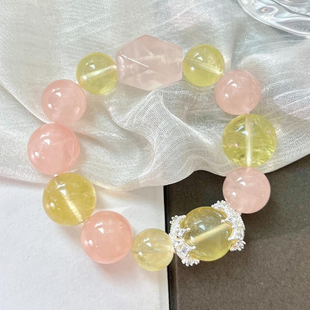 13-16Mm Large Particle Natural Lemon Citrine Madagascar Rose Quartz Bracelet