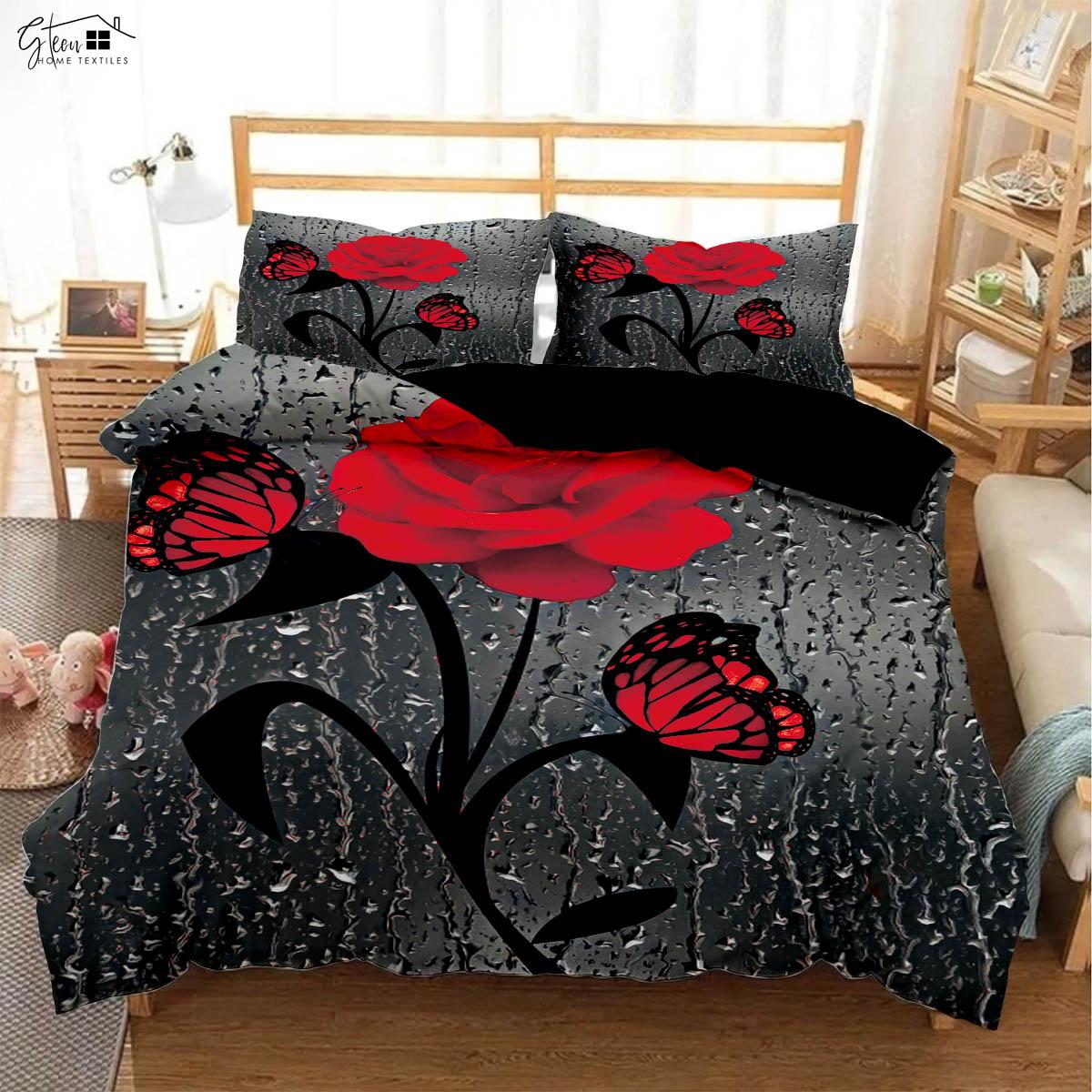 

Черный ретро красный розы 3D принт пододеяльник пасторальный стиль День святого Валентина комплект постельного белья наволочка пододеяльник комплект из трех предметов US 264x228cm 3PCS