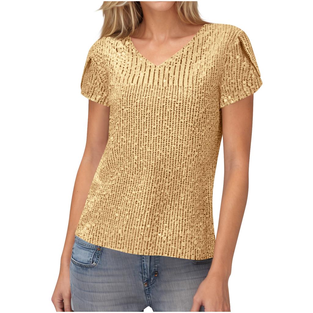 Women's Sequined Beaded V-neck Short-sleeved T-shirt