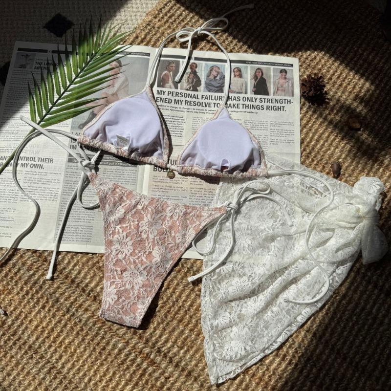 Sexy Lace Composite Mesh Three Piece Mini Skirt Bikini Swimsuit For Women