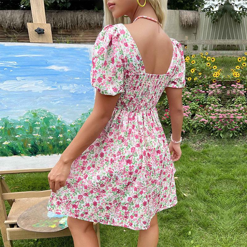 Summer Women's Temperament Square Neck Floral Dresses Chic Comfortable and Versatile Temperament Elegant Casual Women's Clothing Gentle Lady's Dress