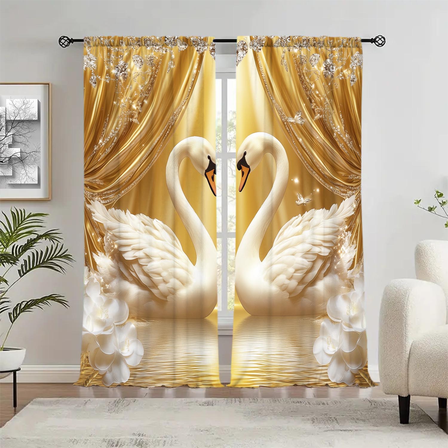 

2pcs Romantic Wedding Swan Couple Valentine s Day Curtains Shade and Privacy Protection Suitable for Decorating Various Rooms 100*130 Rod Pocket 1pcs