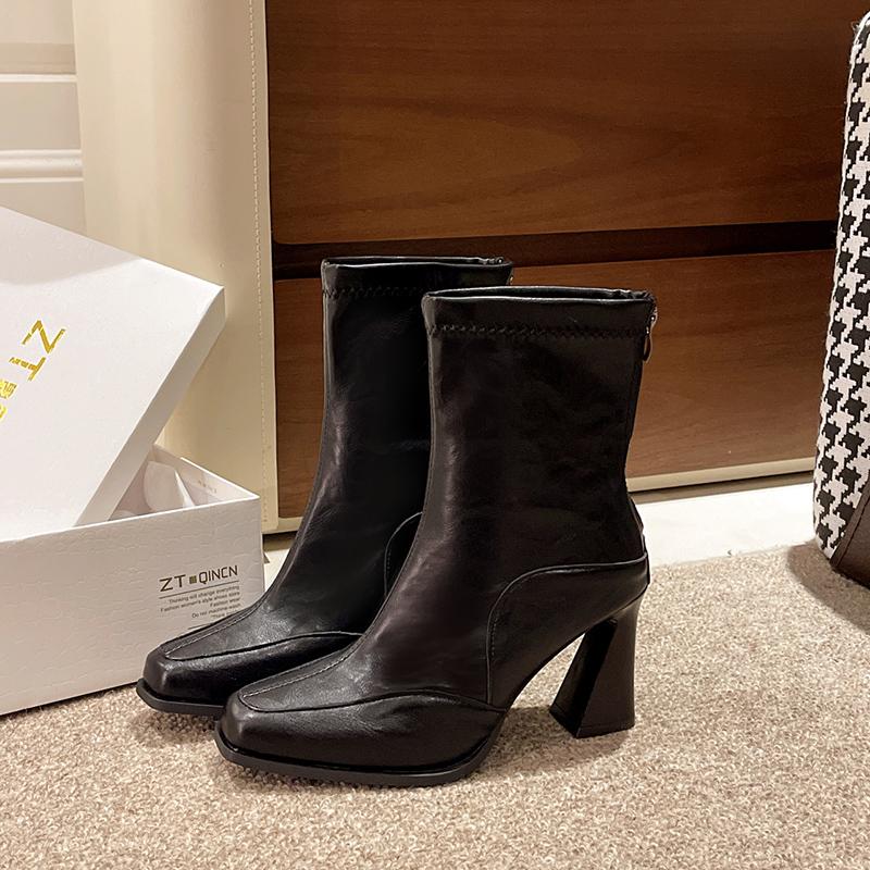 Autumn Elastic Slim Women Ankle Boots Thick High Heels Ladies Shoes Fashion Pointed Toe Comfortable Short Botas De Mujer