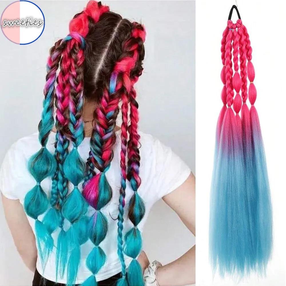60CM Color Bubble Braid Synthetic Wig Fashion Hip-hop Color Gradient Ladies Wig Simulation Natural High Temperature Silk Hair