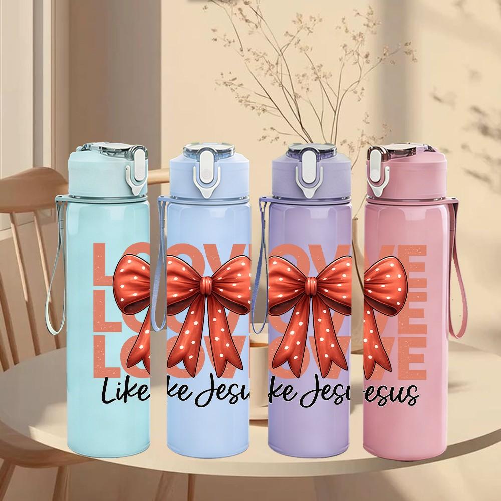 1PC Love Like Jesus Bow Letter 750ml Color Plastic Sports Water Bottle Leakproof Flip Straw Lid Suitable for Sports Office Home Use