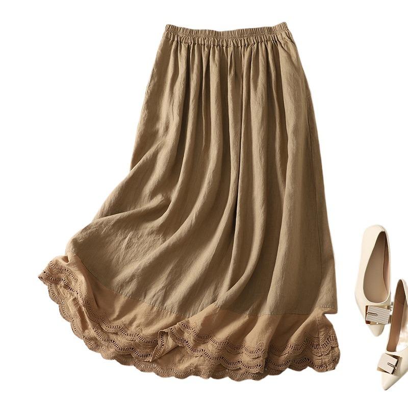 Real shot summer new literary loose splicing lace elastic waist skirt women's medium length