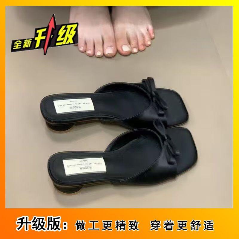 Elegant fairy style French sandals with square head outside 2025 bow summer one-word belt with skirt high-heeled slippers woman