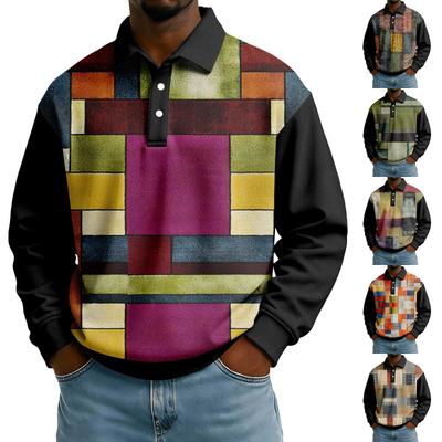 Herren Lässiges Lockeres Colorblock-Print Revers Knopf Langarm Oberteil